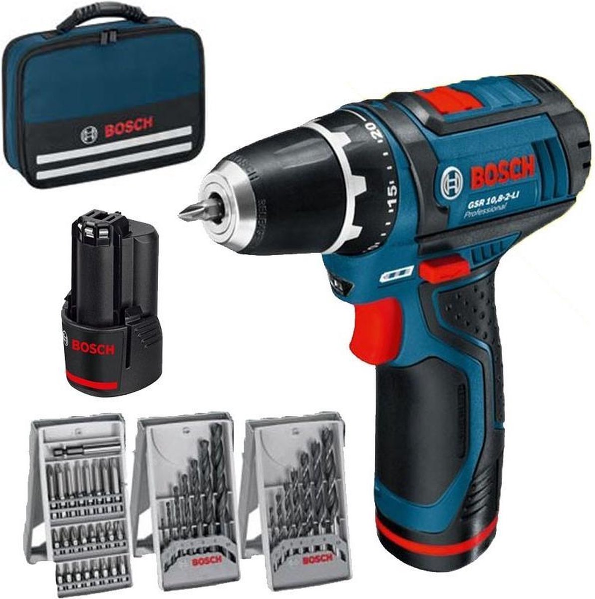Bosch Professional Accu schroefboormachine GSR 12V-15 2x 2 0Ah lader AL 1115 CV 39 accessoires toolbag