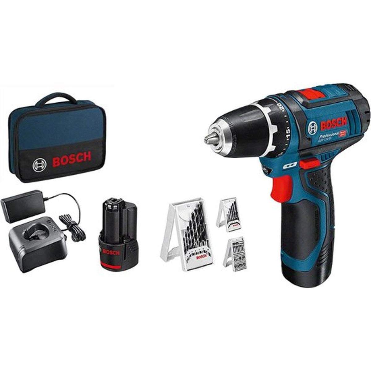 Tweedekans Bosch GSR 12V-15 accuboormachine - 2x 2,0 Ah accu's, lader AL 1115 CV + 39 accessoires en toolbag